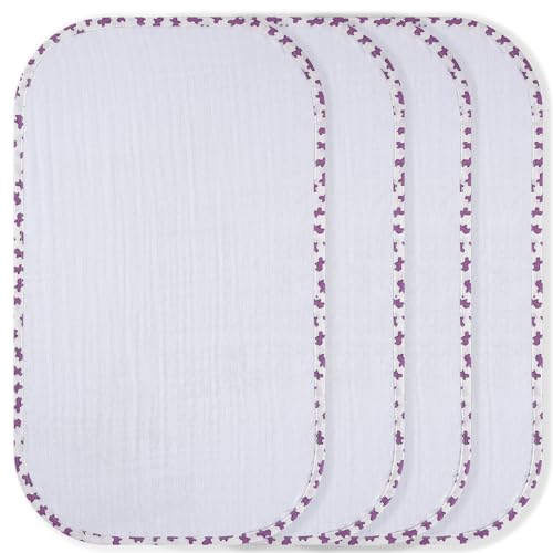 Mama's Baby - Muslin Burp Cloths Sets for Unisex 100% Cotton Hand Washcloths for Babies, Baby Essentials Perfect for Newborn Baby Burping Cloths/Burp Bibs (Purple Hippo, 4-Pack, 20