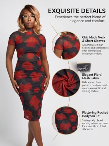 Image of Mojessy Sheer Dress for Women Sexy Short Sleeve Ruched Mesh Bodycon Dress Adjustable Strap Top Mini Skirt 3 Piece Outfits Set