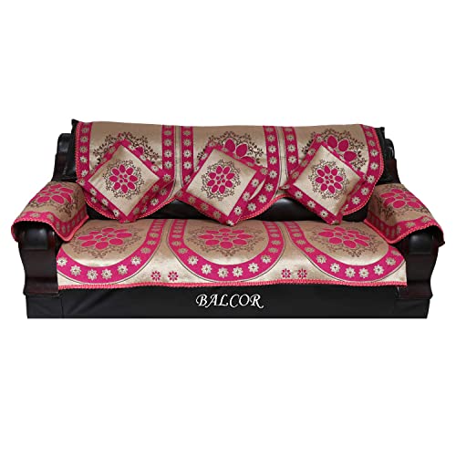 Image of Cotton 12 PCs DECAN Design Sofa Cover with Handle Cover Set of 5 Seater(3+1+1+6), Cushion Cover 16 * 16 Set of 5 PC, Total 17 PCs Set-Pink
