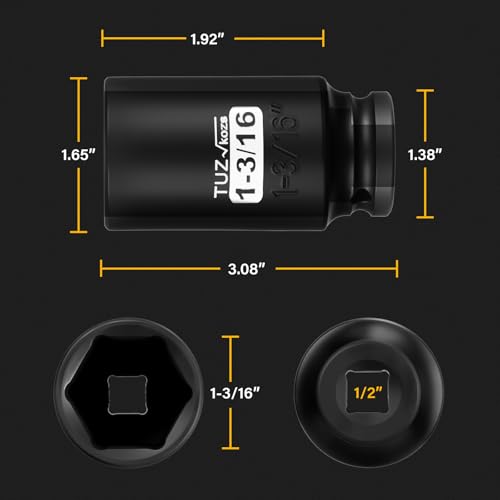 Image of 1 /2 Inch Drive 1-3 /16 Inch Deep SAE Impact Socket, CR-MO, 6 Point Radius Corner Design, Square Chamfered Opening, Axle Nut Impact Grade Socket for Easy Removal