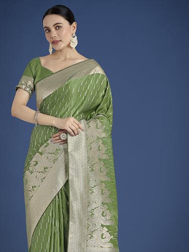 Image of Monjolika Fashion Women Divine Dusty Zari Weaving Banarasi Satin Silk Trendy Saree For Festival Wear With Matching Blouse Piece