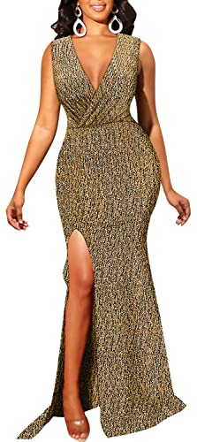 Image of Women's Sexy Long Sleeve Sparkly Maxi Dress V Neck High Slit Wrap Formal Gown Cocktail Glitter Maxi Long Dresses