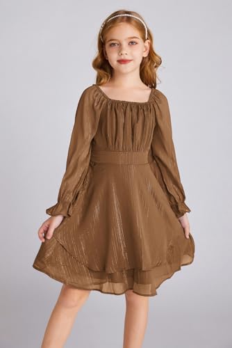 GRACE KARIN Girls Fall Dress Long Sleeve Casual Dresses Square Neck Ruffle Tiered Layer A-line Dress 5-12Y3