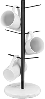 Marble Mug Holder Tree, Coffee Cup Holder with 6 Hooks, Upgraded Stable Metal Coffee Mug Holder Mug Tree Stand Display Rack for Counter Kitchen Cabinet, Coffee Bar Accessories, Cafe Organizer