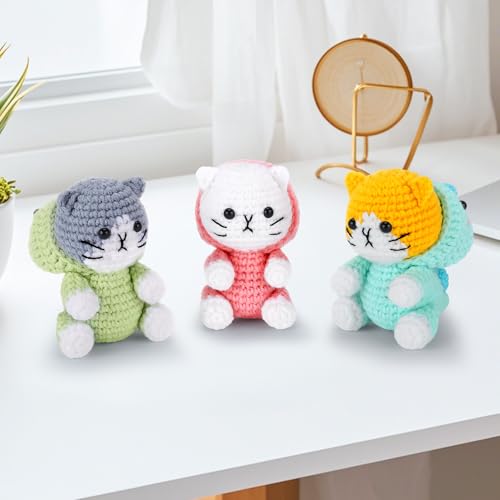 Image of Crochet Kit for Beginners - 3 PCS Dinosaur Cat Crochet Kits with Step-by-Step Video Tutorials, Beginner Crochet Kit for Adults, Crochet Animal Kit for Starters, Cat Dressed as Dinosaur Crochet Set