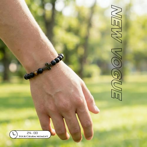 Pulsera para hombre con cruz, piedra natural negra y ojo de tigre miniatura 5