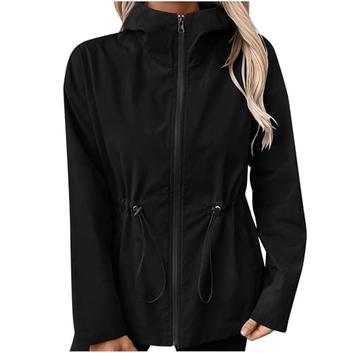 MJGkhiy Veste Imperméable Femme Légère Veste Vent Pluie Randonnée Vestes À Capuche Grande Taille Coupe Vent Trench Imperméable Sport Course Veste En Plein Air Softshell Voyage, Noir , S