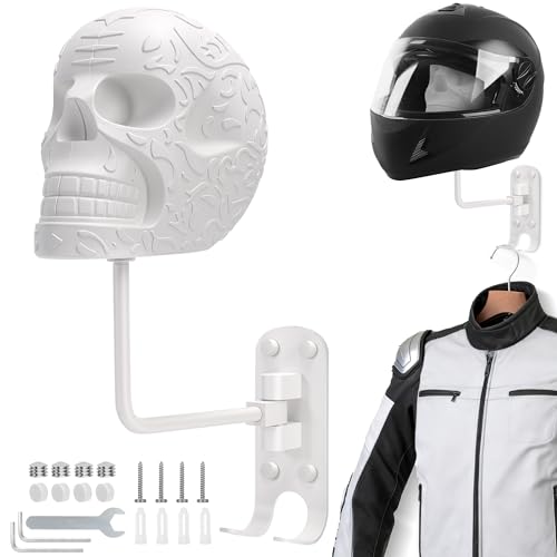 MEKOTRIN Metallschädel-Helmhalter, 180-Grad-Drehung, Wandmontage, Aluminium-Hardware mit 2 Haken (White)