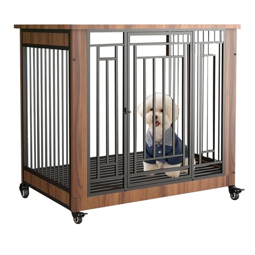 中型/大型犬用クレート、ユニバーサルホイール付き、取り外し可能なトレイ付きでお手入れ簡単、小型犬と中型犬に適しています(Walnut,S)