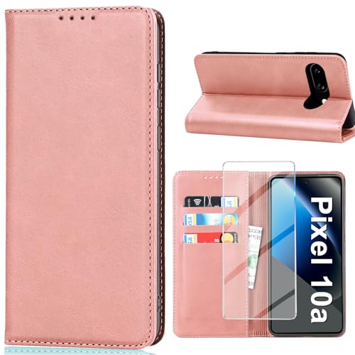Étui Pixel 10A rose avec film protection écran, housse portefeuille rabat cuir et support carte