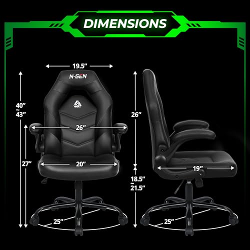 N-GEN GAMING Video Gaming Computer Chair Ergonomic Office Chair Desk Chair with Lumbar Support Flip Up Arms Adjustable Height Swivel PU Leather Executive with Wheels for Adults Women Men (Black) - Thumbnail 3