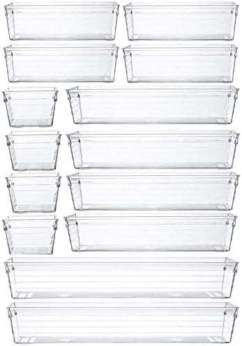 Grace Store 14 PCS Clear Plastic Drawer Organizer Tray for Makeup, Kitchen Utensils, Jewelries, and Gadgets