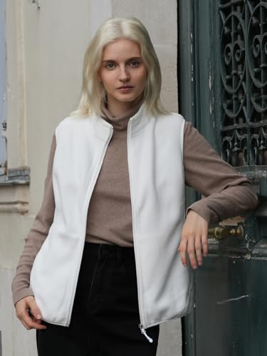 fuinloth Fleece Weste für Damen, Leicht Ärmellose Standkragen mit Reißverschlusstaschen Elfenbein Medium