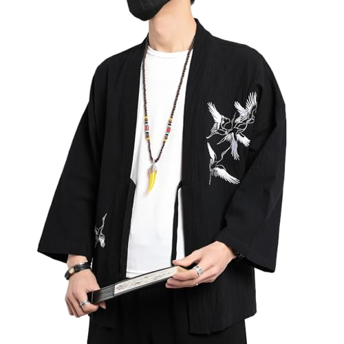 Image of Men's Japanese Kimono Cardigan Loose Cotton Linen 3 /4 Sleeve Open Front Casual Summer Shirt Jackets