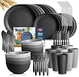 Teivio 32-Piece With Flatware Kitchen Plastic Wheat Straw Dinnerware Set, Service for 8, Dinner Plates, Dessert Plate, Cereal Bowls, Cups, Unbreakable Plastic Outdoor Camping Dishes, Gray Ombre