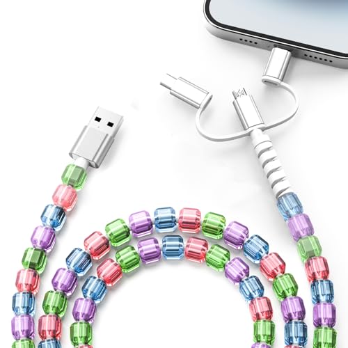 ATESSON 3 in 1 USB C Cable Multi Fast Charging Cord Beaded Phone Charger Cord 3.3FT with Type C iOS Micro USB Port for iPhone 17 16 15 14 13 Pro Max and Android Cute Phone Accessories for Women Girls