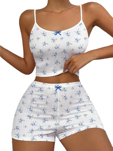 Image of Hilinker Womens Graphic 2 Piece Pajama Set Summer Cute Crop Cami and Shorts Ribbed Lounge Sets