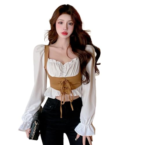 Image of ICW Women French Style Retro Vintage Lace-Up Layered Fake Two-Piece Puff Sleeve Ruffled Crop Blouse Corset Top Dn88