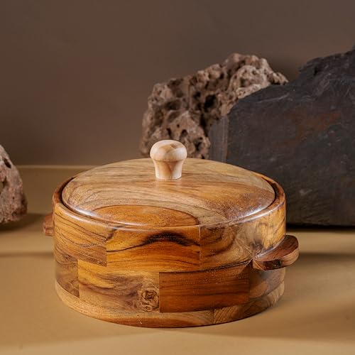 Image of Wooden Chapati Box: Teak Wood Casserole - Detachable ss Insulated Bowl - Keeps rotis Warm & Fresh, Perfect for Serving hot chapatis. A Must-Have for Elegant Kitchen decor