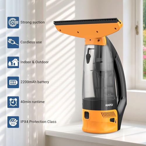 Image of KIATO Window Vacuum Squeegee Cordless, Electric Window Vac, Rechargeable Window Cleaner with Spray Bottle, for Cleaning Windows, Mirrors, Glass, 2200mA, WC10