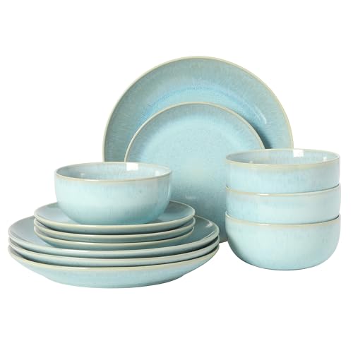 Image of Gibson Elite Pine Coast Plates and Bowls Sets, 12-Piece Stoneware Dinnerware Sets, Reactive Glaze Dish Set - Blue