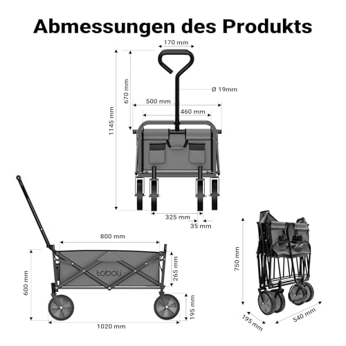 Toboli Bollerwagen faltbar Offroad grau, Faltbollerwagen belastbar bis 100 kg, Klappbollerwagen für Strand, Garten, Einkäufe