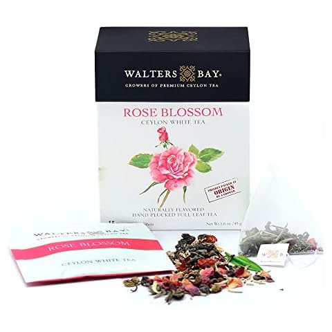 Walters Bay Rose Blossom White Tea, 15 Count, Premium, Ceylon Tea, 100% Hand Plucked, White Tea, Low Caffeine, All Natural, Pyramid Bag, Sri Lankan Tea Cover
