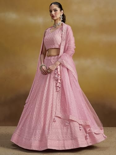 Image of Zeel Clothing Women's Sequins Thread Embroidered Georgette Lehenga Choli With Dupatta (5124-Women-Lehenga-Choli-New; Free size)