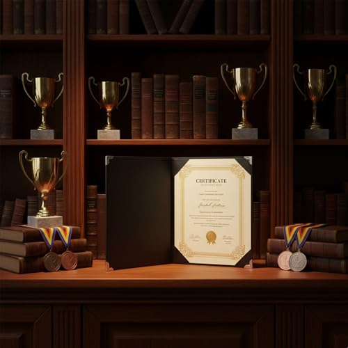 Diplomhalter aus Kunstleder, A4, glattes Leder mit silberfarbenem Schutzrand für Zertifikatshüllen und Zeugnismappe für stilvolle Diplom-Präsentation, Marineblau (Schwarz)