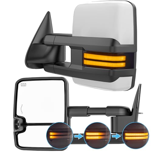 Image of Smoked Lens Sequential Signal Tow Mirrors Compatible with 2007-2021 Toyota Tundra, Heated Extended Trailer Towing Side Mirror w /Backup Light(w /o BSM), White Housing