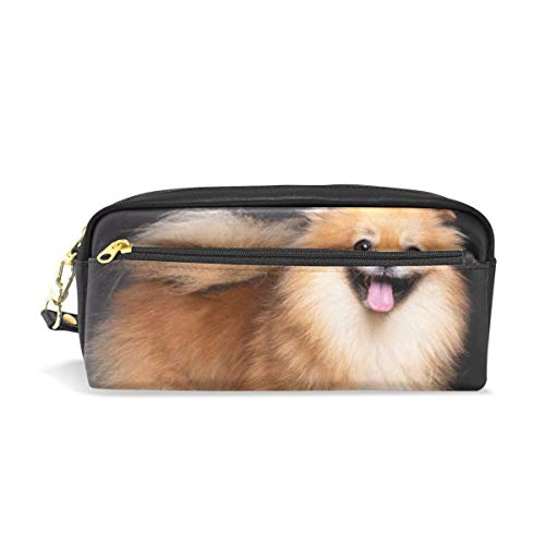 Preisvergleich Produktbild KKLDOGS Federmappe mit niedlichem Zwergspitz, Leder, Make-up-Tasche, Schreibwaren, Stifttasche, Reise, kleine Kosmetiktasche