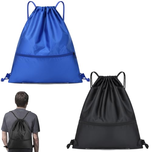 YanBous 2 Sacche Sportive Impermeabili (Nero, Blu Reale) con Corda, Zaino con Cerniera per Uomo e Donna, Sacchetto da Spiaggia, Zaino con Corda Regolabile, Tasca Interna, Unisex
