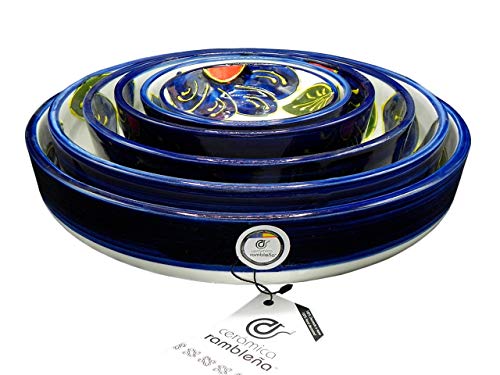 CERÁMICA RAMBLEÑA | Ensaladeras cerámica | Juego ensaladeras 6 Unidades | Ensaladeras Originales | Ensaladeras decoración Blanco-Flor Azul | 100% Decoración a Mano | 32x32x10 cm