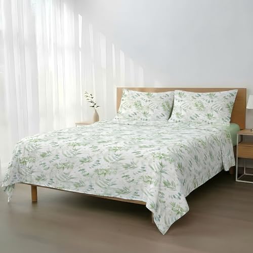 H HANSEL HOME Juego de Sábanas Cama 150, Juego Sábanas 150x190/200cm 4 Piezas, Microfibra Extra Suave, Sábanas Bajera Ajustable, Encimera, 2 Fundas de Almohada - Ramas Verdes