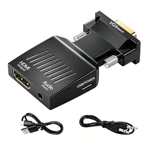 Adaptateur VGA vers HDMI, Convertisseur VGA HDMI avec Audio 1080p, VGA Mâle vers HDMI Femelle Actif avec USB et Jack 3,5 mm, pour PC Ordinateur Portable TV...
