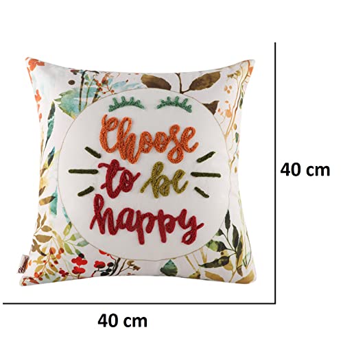 Image of Home-The Best is for You Floral Printed and Embroidered Cushion Cover 16 Inch X 16 Inch Pack of 1 (White::Green::Orange, 1, Polyester)