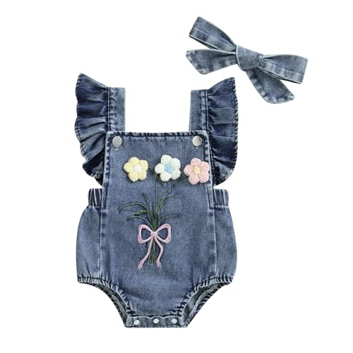 MAINESAKA Baby Girl Denim Romper Floral Sleeveless Ruffle Denim Bodysuit Overalls with Headband Newborn Summer Outfit