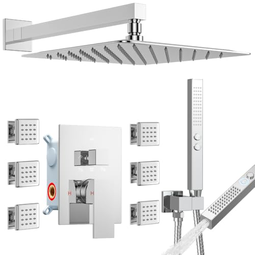 STARBATH Shower Jets System, 12 Inch Wall Mounted Rainfall Shower Head with 6 Body Sprays and Brass Handshower, Shower Faucet Rough-in Mixer Valve and Trim Included Shower Combo Set, Chrome