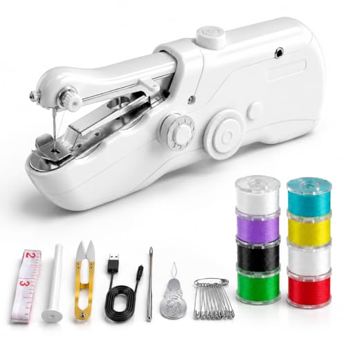 Image of Portable Handheld Sewing Machine for Adults - Mini Hand Held Sewing Stitching Machine for Beginners - Small Electric Cordless for Quick Fabric Home Travel Clothes Pants DIY Fabric Denim (White)