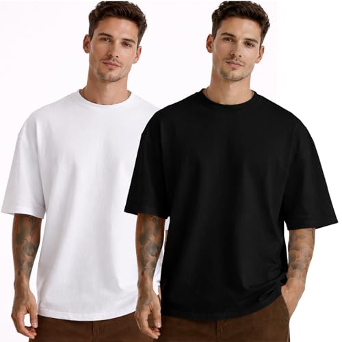 Image of Men's Oversized Round Neck Cotton T-Shirt for Men | Premium Soft Cotton Casual Loose Fit Half Sleeve Plain Tee Shirt