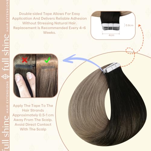 Image of Full Shine Human Hair Extensions Tape in, Black Dirty Blonde Ombre 16 Inch | 50g 20PCS Straight Invisible Tape in Hair Extensions, Straight Remy Finish Seamless Skin Weft Wedding Styling