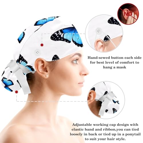 Image of Colored Butterflies Scrub Caps Women Ponytail, Adjustable Bouffant Surgical Caps with Button, Nurse Hats Long Hair