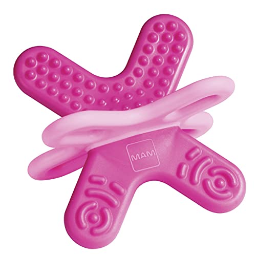 MAM Bite & Relax Phase 2 Mini Beißring, Zahnungshilfe speziell für die Backenzähne, extra leichter Beißring für Babys in 3D-Form, ab 4+ Monate, pink