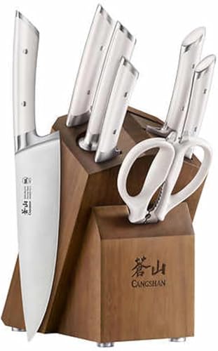 Cangshon Beautiful Function Rainier Series 8-Piece Knife Block Set, Forged German Steel, Acacia Block (WHITE)