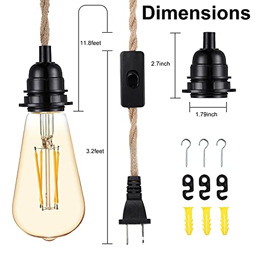 Simple Deluxe 15 Feet Hanging Lights With Plug In Cord Suitable E26 Lamp Socket, Twisted Hemp Cable, For Home & Party & Study, Industrial Retro Diy #TOP1