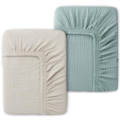 Image of PET REJOIR Muslin Fitted Crib Sheets for Girls & Boys-2 Pack 28"x 52" Soft Baby Mattress Sheet-No Slip Boho Neutral Breathable Toddler Cotton Bedding Sage Green & Beige