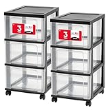 IRIS USA Plastic 3-Drawer Storage Organizer Rolling Cart, with Wheels Casters, 2-Pack, for Classroom Art Supplies Bathroom Dorm Bedroom Laundry Room, Slim Narrow, Black/Clear