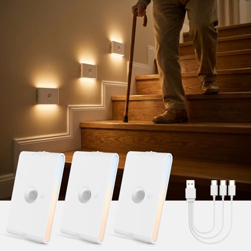 wowatt Rechargeable Motion Sensor Night Light, White Automatic Lights with Magnetic Mount, Dimmable Stair Lights Indoor for Stairway, Hallway, Kitchen, Bathroom(3 Packs)