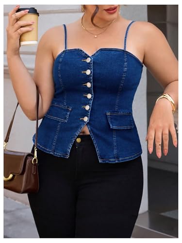OYOANGLE Women's Plus Size Button Up Denim Cami Top Spaghetti Strap Fitted Jean Tops2