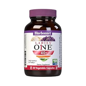 Bluebonnet Nutrition Ladies’ ONE 40+ Whole Food-Bed Multiple, Women Multivitamin for Women 40+, Soy-Free, Non-GMO, Gluten Free, 30 Vegetable Capsules, 30 Servings